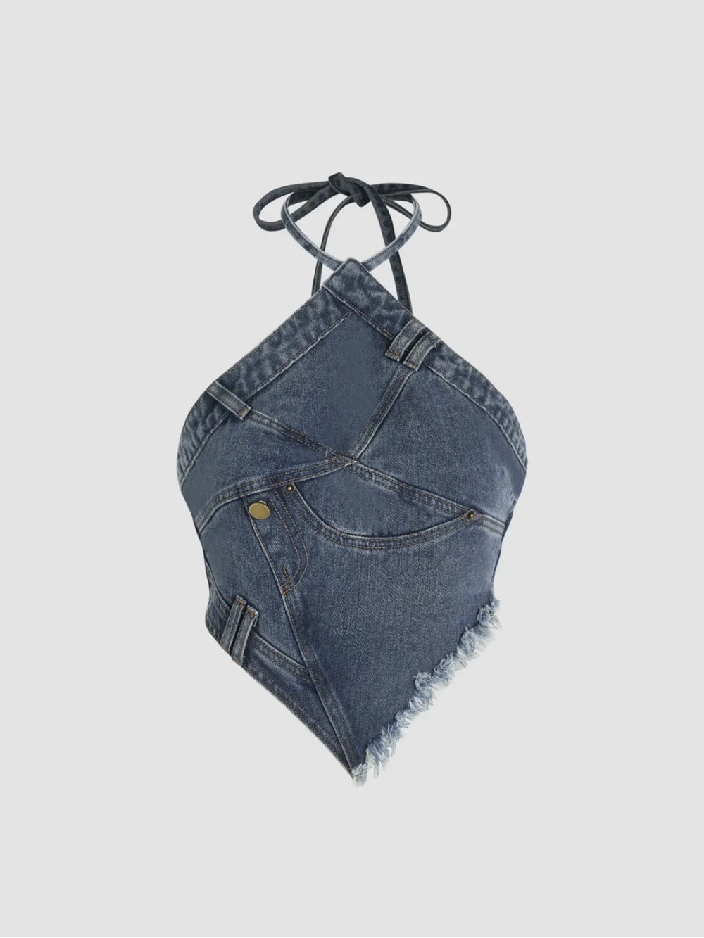 Cider Denim Halter Crop Top in Dark Blue with Frayed Pointed Hem